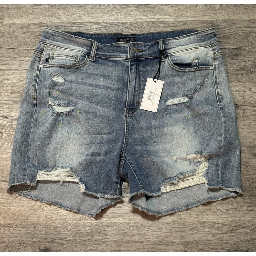 NWT Judy Blue 3XL Paint Splash Jean Shorts Raw Hem Distressed Splatter